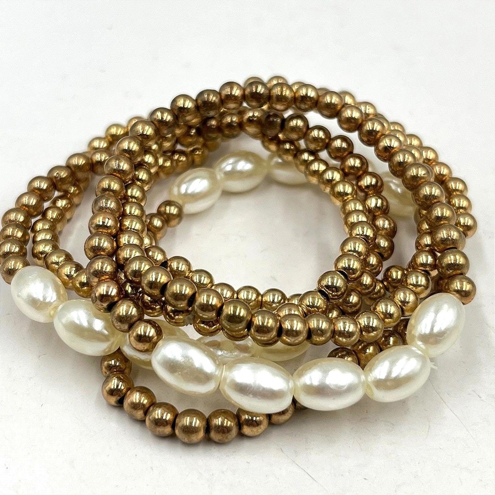 Vintage‎ Retro Gold Bead & Faux Pearl Stretch Bracelet Stack Set 6pc Mixed Lot
